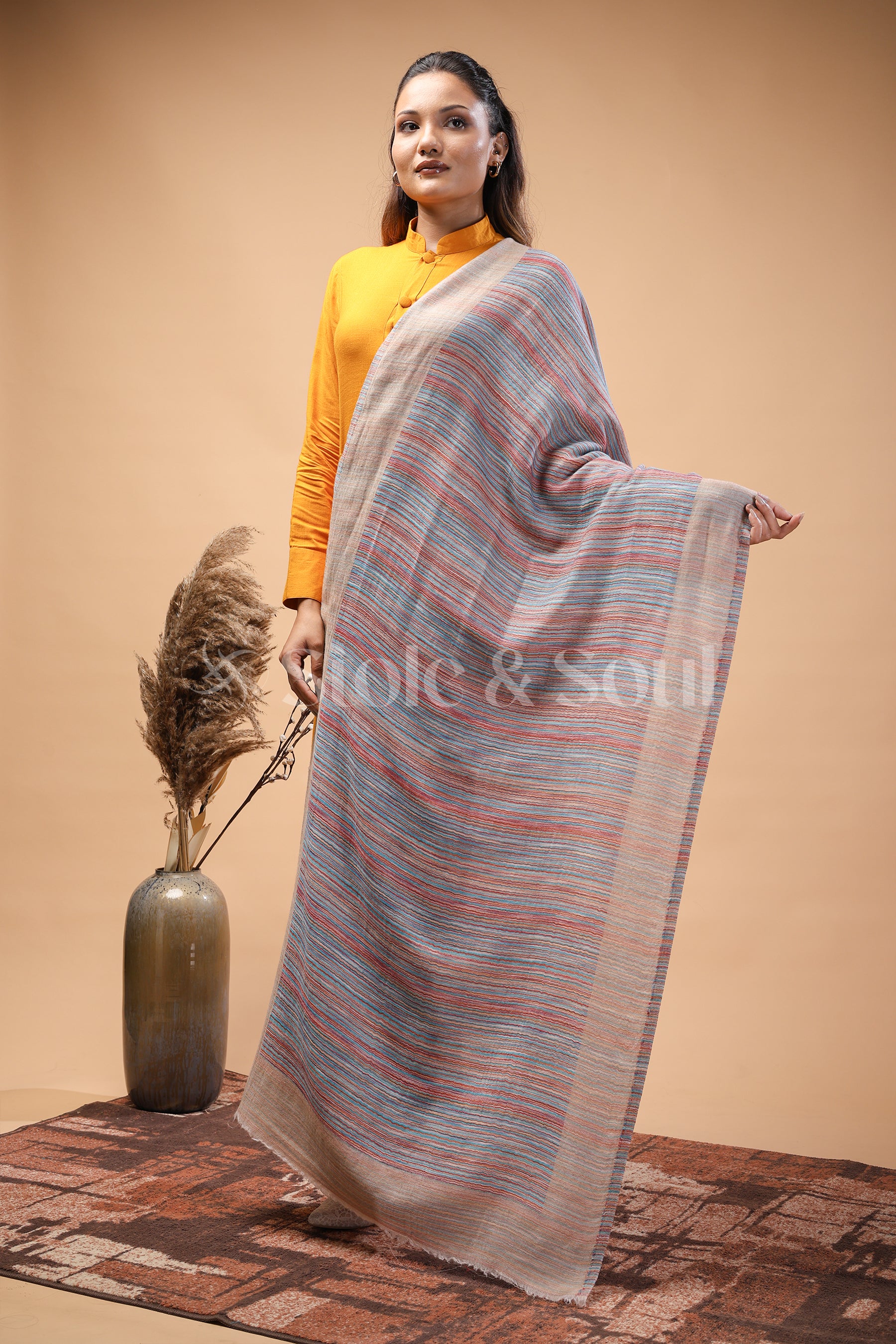A soft Beige stole featuring multicolored waves ,  Premium Fine Wool